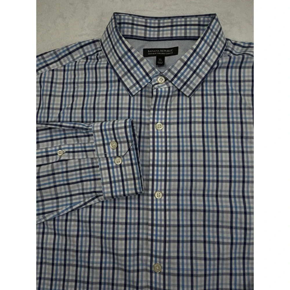 Banana Republic Non Iron Slim Fit Blue Plaid Button Long Sleeve Dress Shirt XL